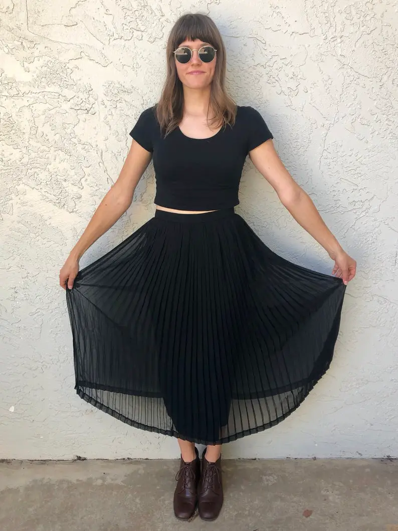 Classy Long Black Pleated High Waisted Sheer Skirt with Slip Medium