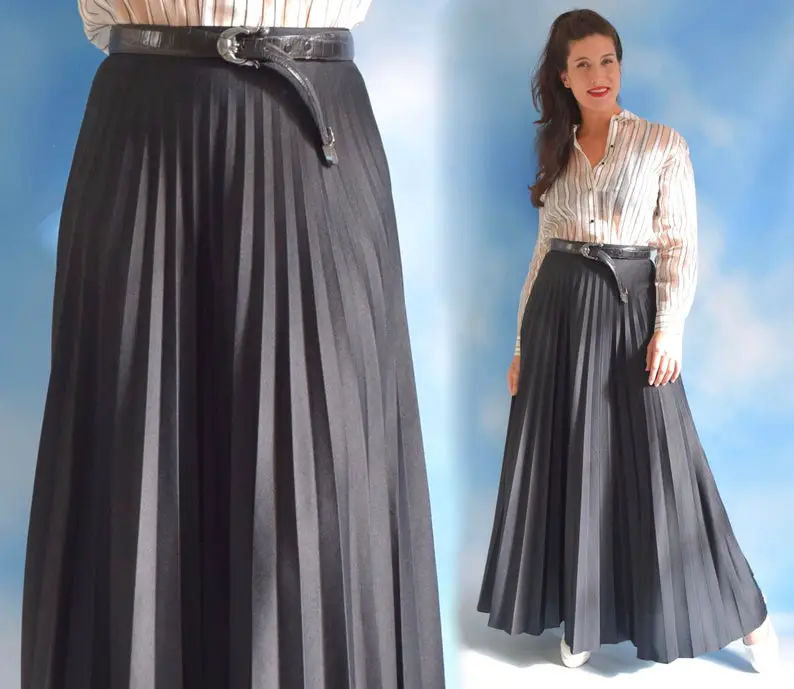 Black Accordion Pleated High Waisted Full A Line Maxi Skirt