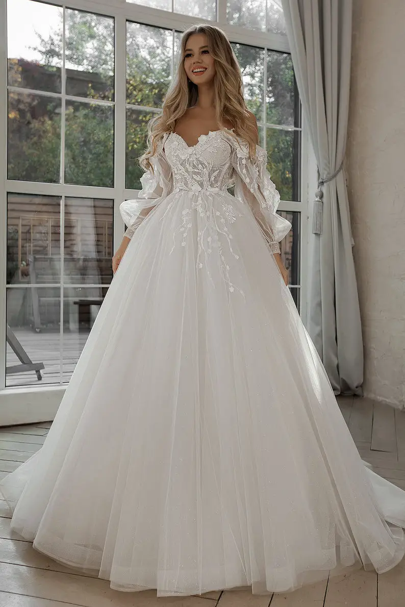 Boho Ball gown lace wedding dress.