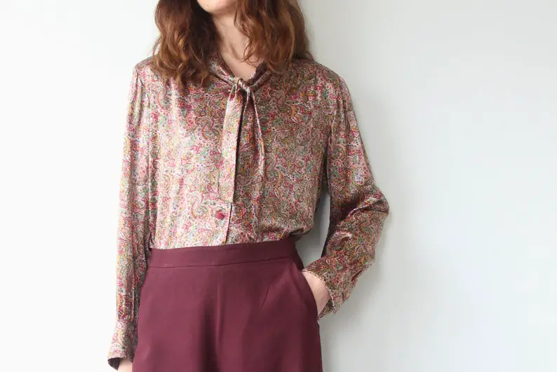 Pretty Paisley Print Silky Tie Neck Blouse