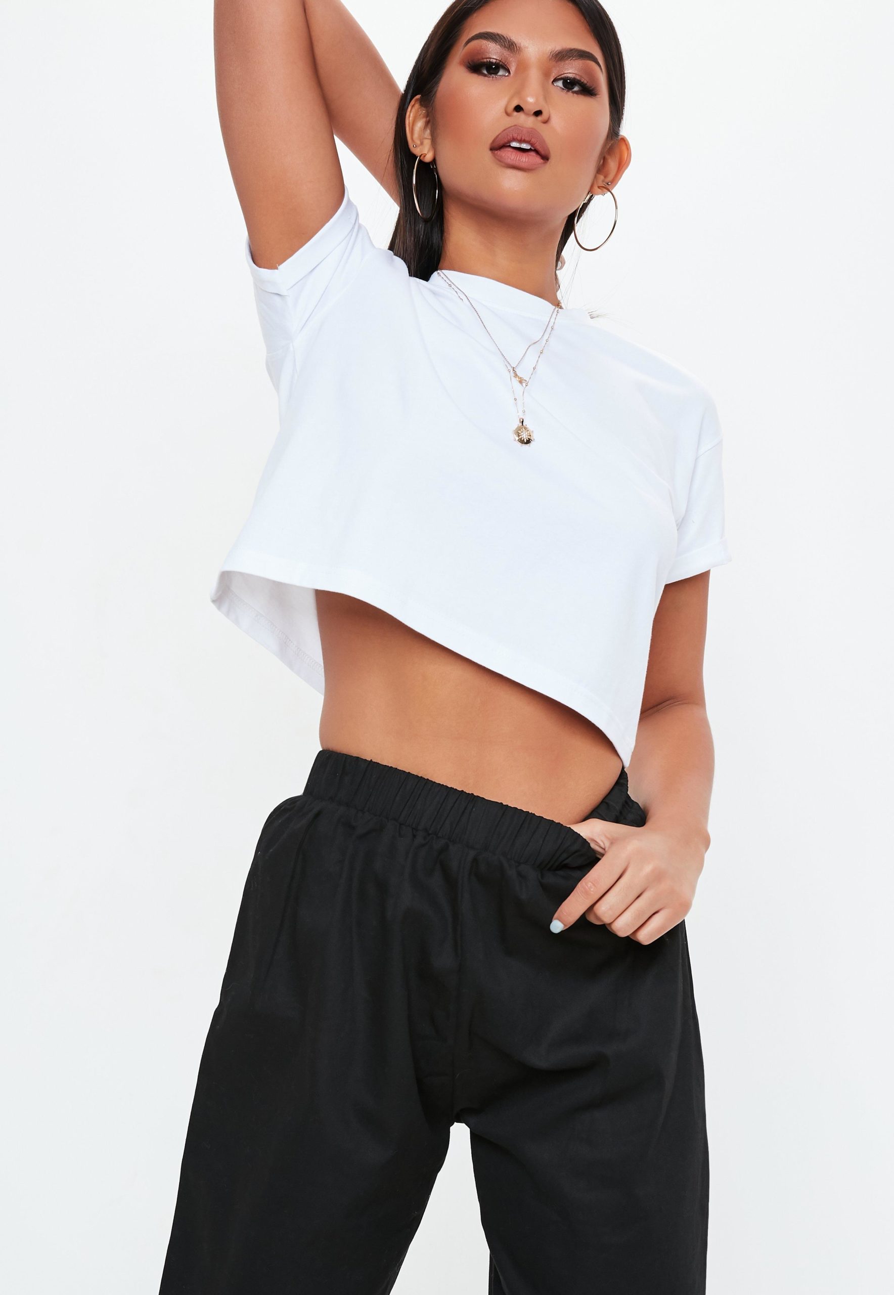 tall white roll sleeve cropped top