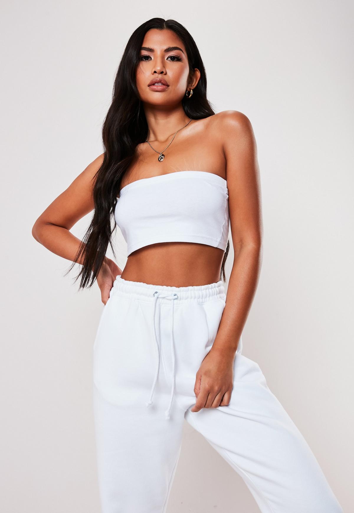 white bandeau top and 90's joggers set