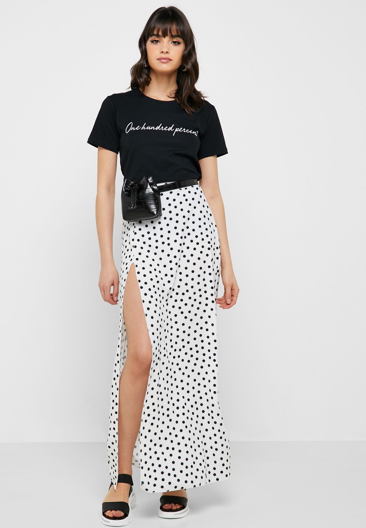 White Maxi Skirt With Slits with polka dots