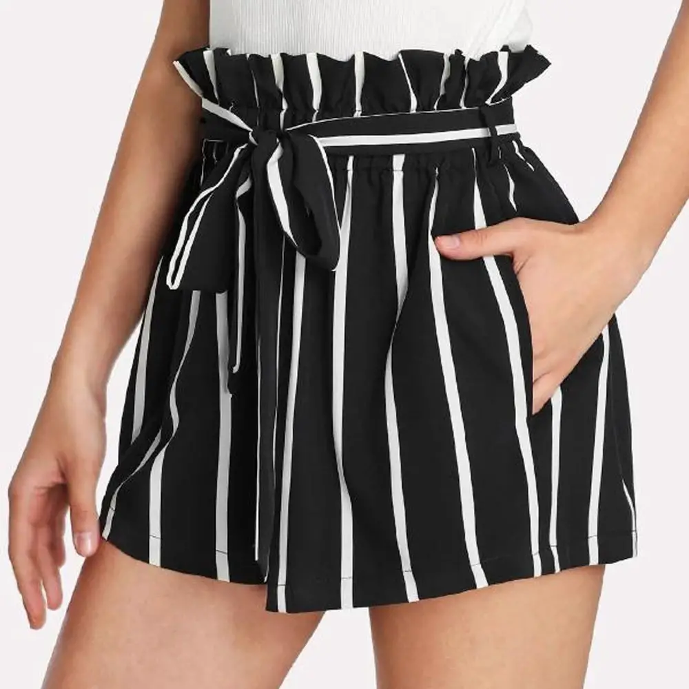 2020 Wide Leg Women Shorts Retro Striped Casual Fit Elastic Waist Pocket Bandage Short Pants Plus Size For Lady