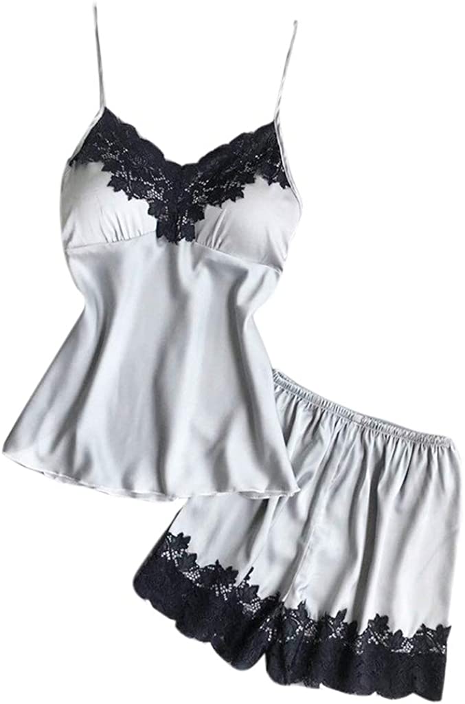 Silk Embroidery Lace Side Pajamas Set Padded Cami Top Shorts Soli