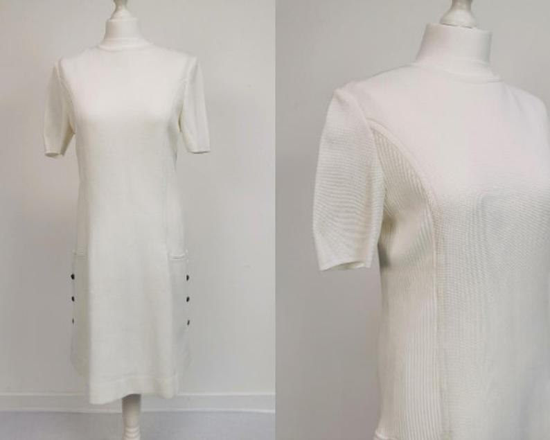 60's Vintage White Knitted Midi Dress Retro Mod