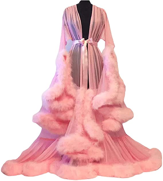 Feather Trim Tulle Lotus Leaf Long Sleeve Dressing Gown,pink