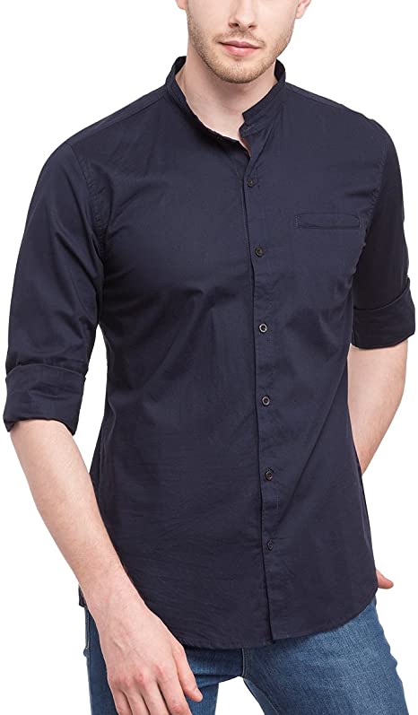 Navy Blue Mandarin Collar Shirt