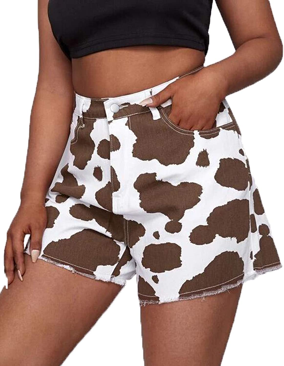 acsefire Women's Shorts Cow Pattern Prints Colorblock High waist denim shorts