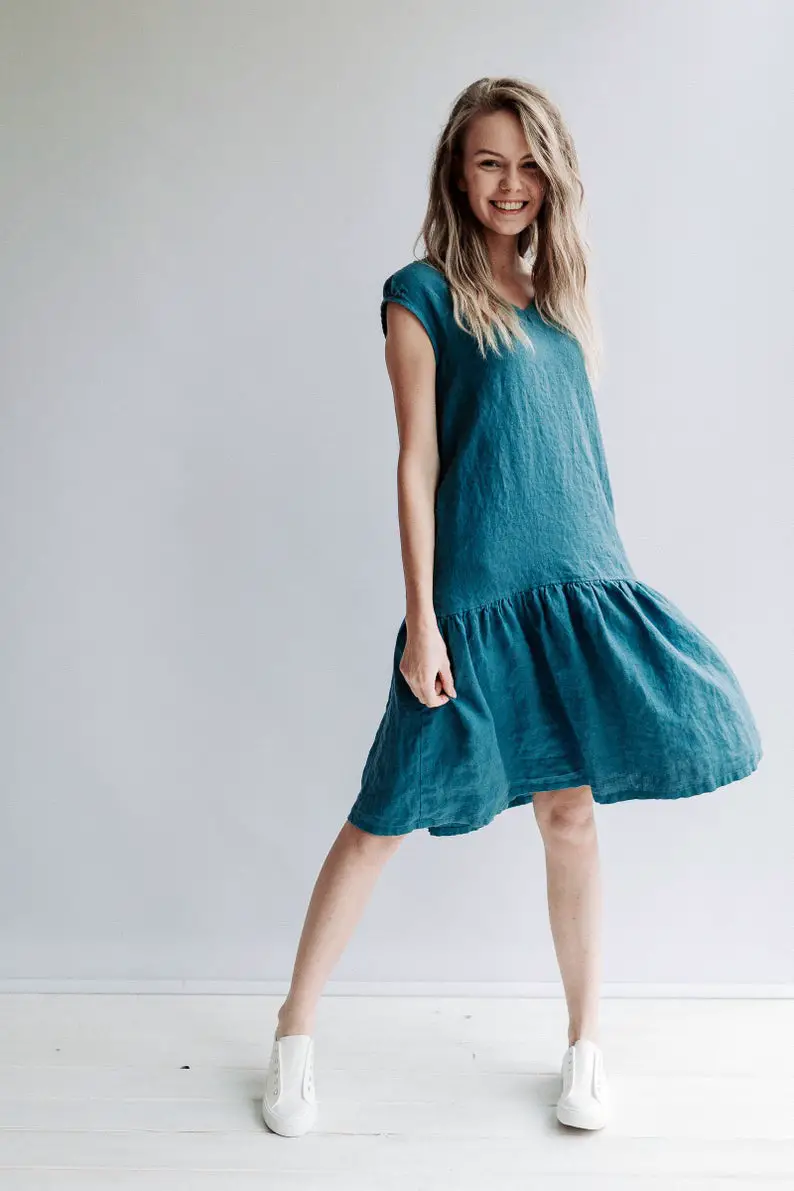 A line Drop Waist Dress 'Julia' from Linen, Drop Waist Linen Dress, Dress Woman, Linen Dresses for Women, A line dress, Short Sleeve Dress