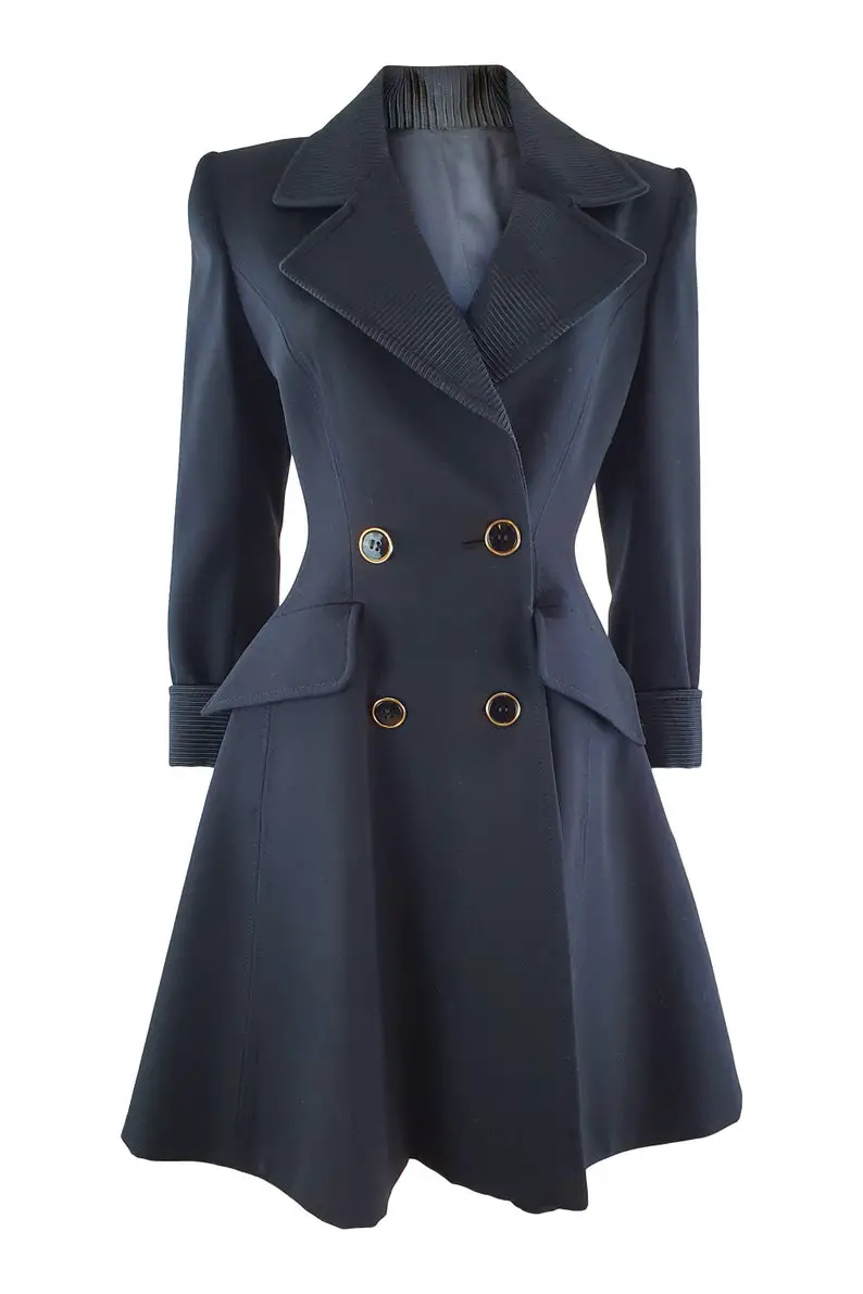 ANDREA ODICINI Vintage 1980s Black Wool Princess Coat (IT 40) - Fit and Flare Coat - Statement Collar - Statement Buttons - Double Breasted