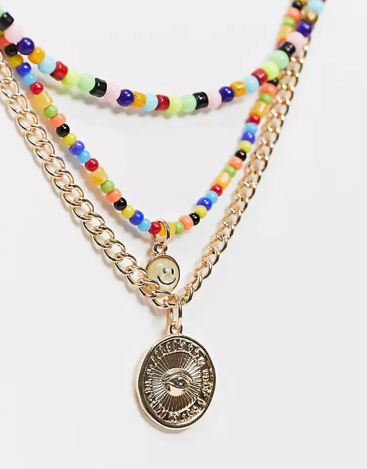 ASOS DESIGN neckchain pack with chain and bead mix in gold tone
