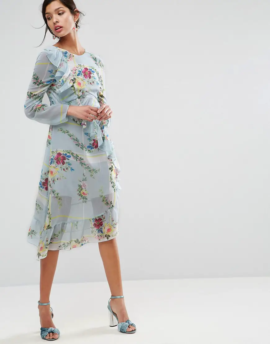 ASOS Ruched Midi Tea Dress in Check and Floral Print