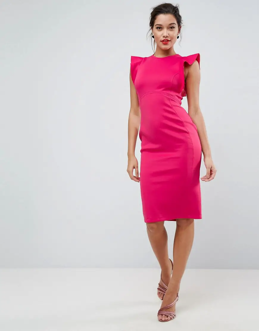Scuba Midi Pencil Dress With Frill Sleeve – Deep pink