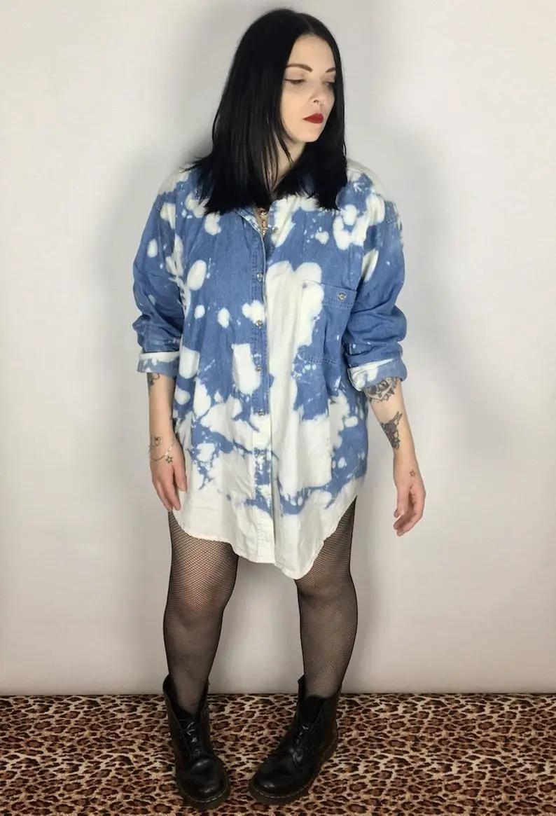 Acid wash Reworked Vintage Denim Shirt Size Medium Up cycled Grunge Customised distressed