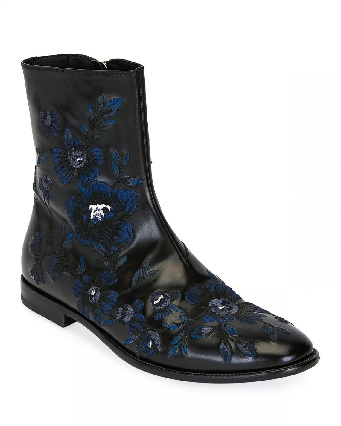Alexander Boots | Mens Embroidered Leather Half-Boot Black