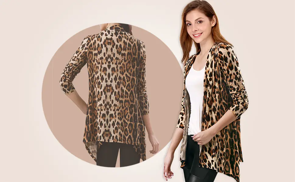 Allegra K Women's Long Sleeve Knitted Open Front Leopard Print Cardigan