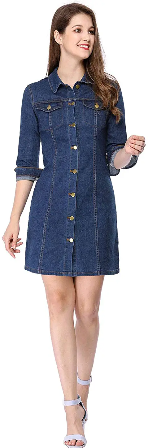 Allegra K Women's Vintage 3/4 Sleeve Button Down Knee Length Denim Shirt Dress