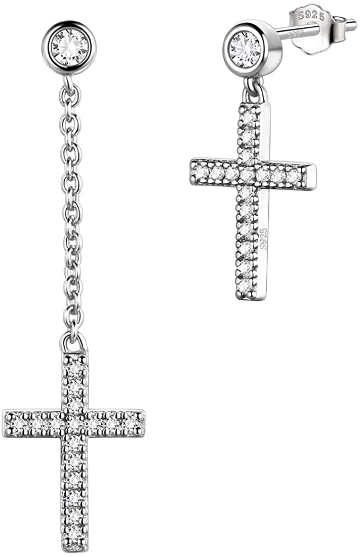 Aurora Tears Mens Cross Earrings 925 Sterling Silver with Cubic Zirconia Long Chain Dangle Drop Stud Jewelry Gifts for Men