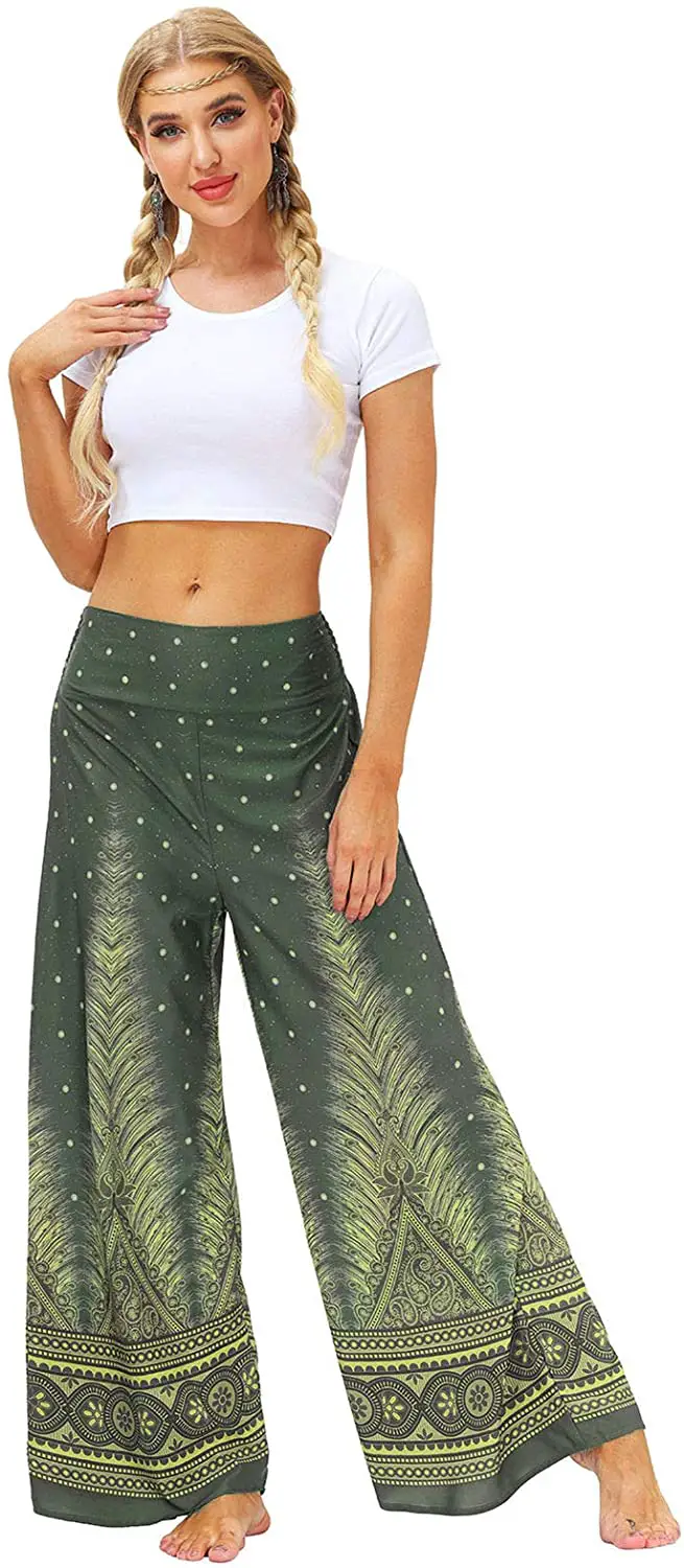 BOIYI Women's Harem Hippie Pants Casual Baggy Elegant Boho Patterned High Waist Smocked Waist Thin Bloomers Lounge Joggers Trousers for Yoga Summer Beach