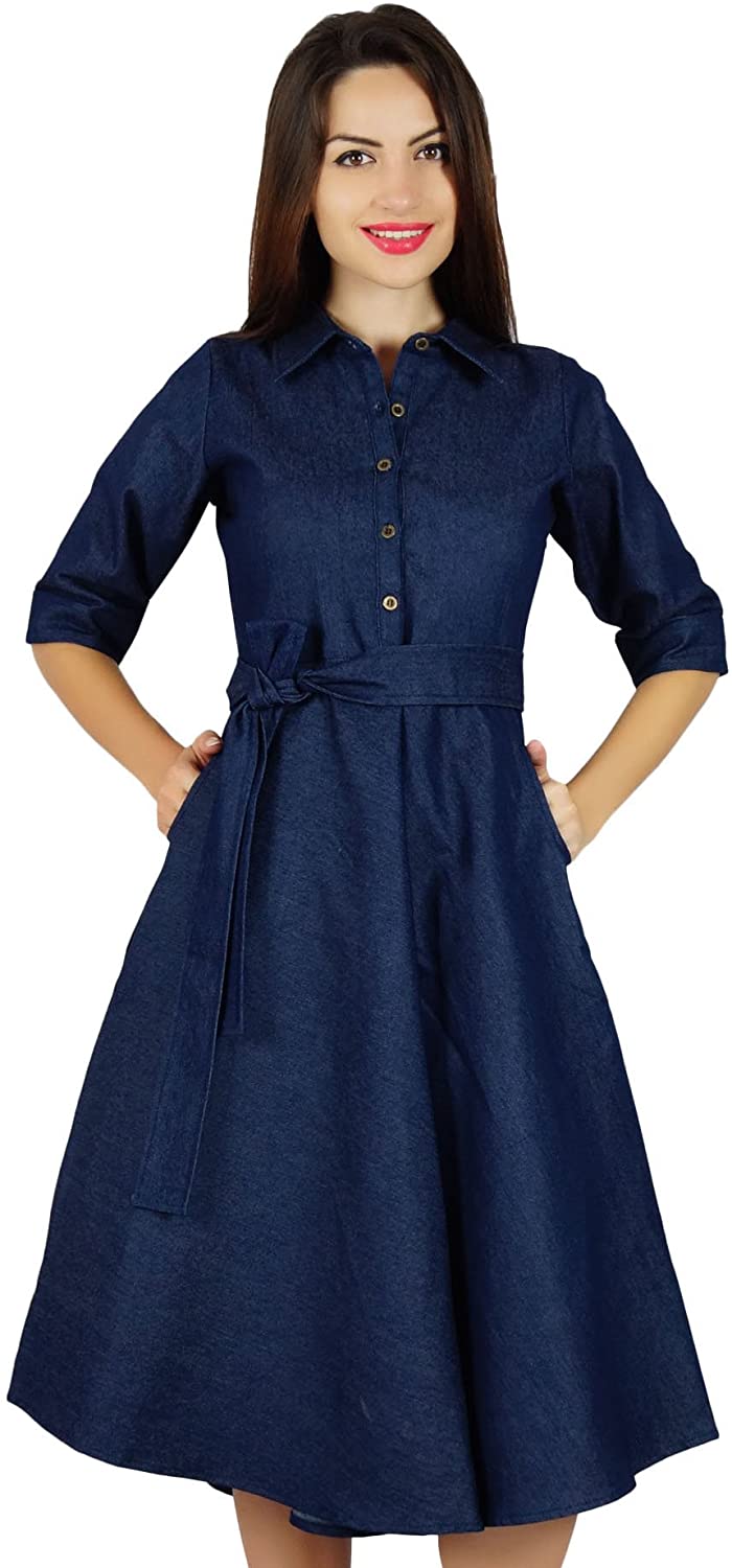 Bimba Womens Blue Denim Shirt Dress with Pockets 3/4 Sleeve Casual Midi Dresses