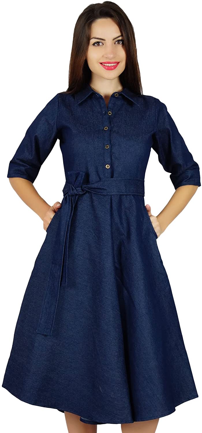 Bimba Womens Blue Denim Shirt Dress with Pockets 3/4 Sleeve Casual Midi Dresses