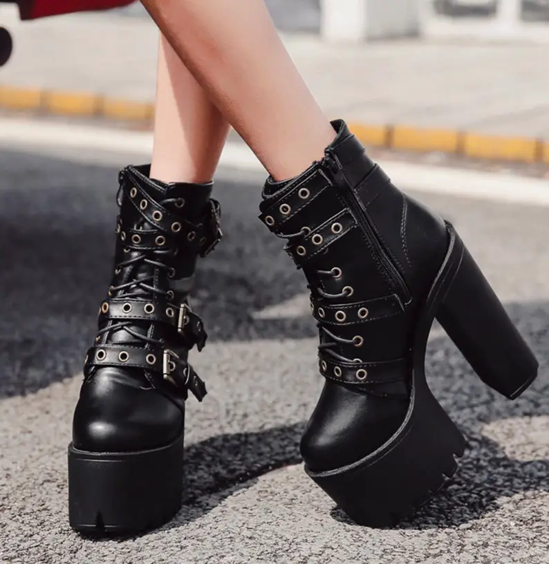 Black Goth Aesthetic Punk Heel Boots