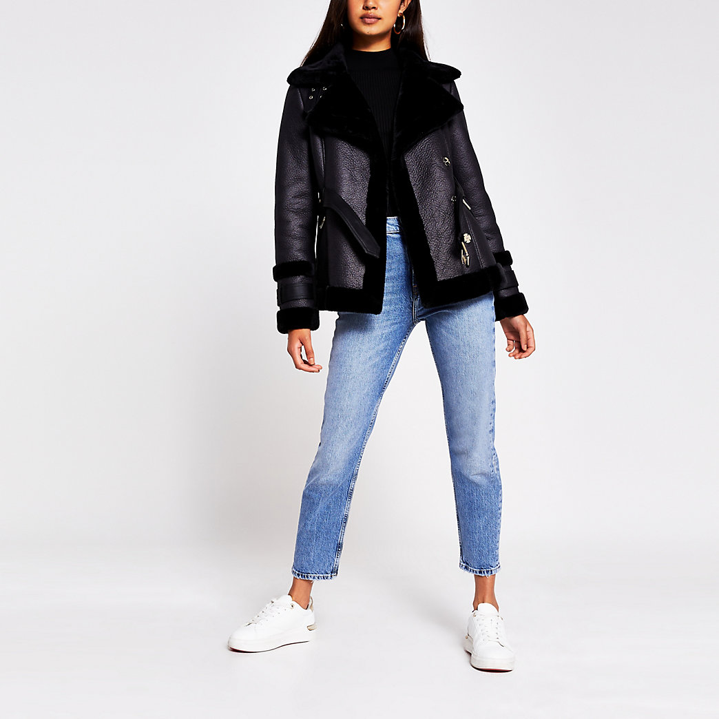 Black belted Faux shearling Aviator jacket