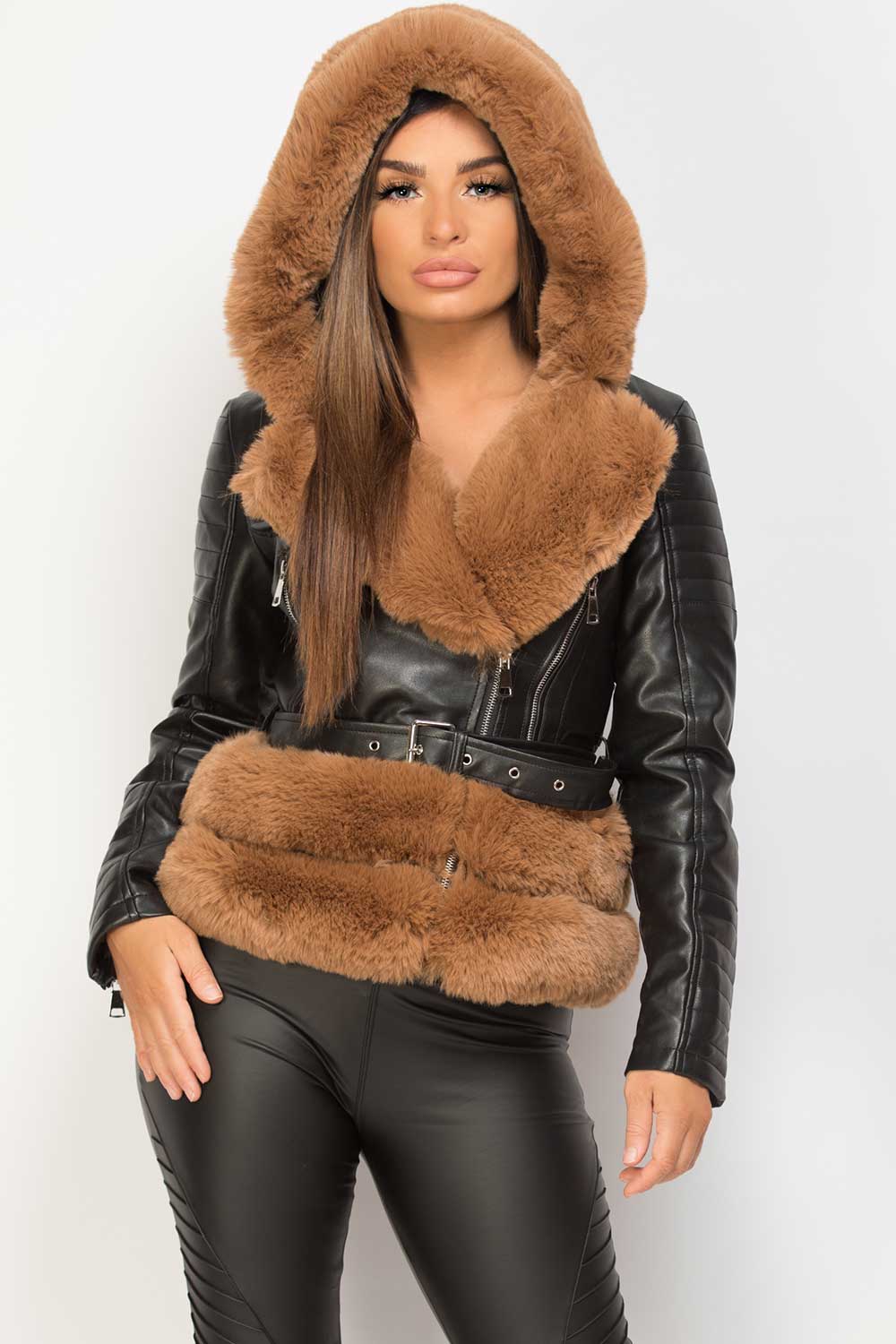 Brown Faux Fur Hooded Faux Leather Belted Jacket