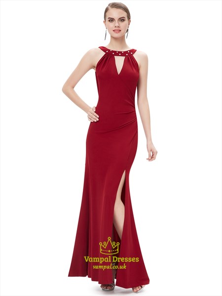 Burgundy Mermaid Jewelled Neckline Side Slits Prom Dress With Cowl Back