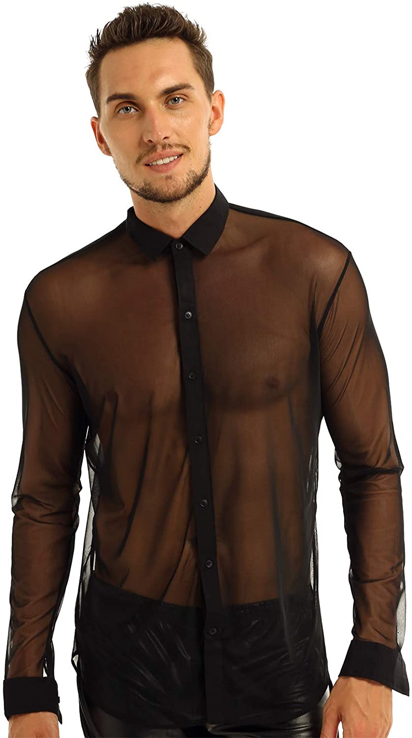CHICTRY Men's Mesh Sheer See Through Long Sleeve Muscle Top Shirt Clubwear