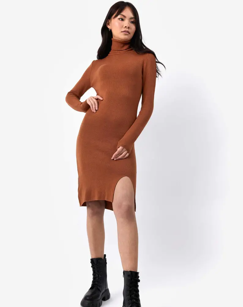 Camel Roll Neck Knit Midi Dress