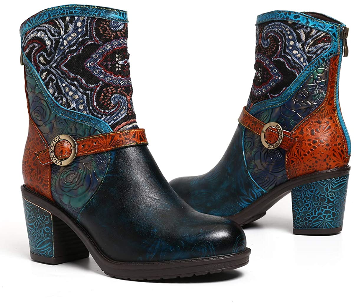 Camfosy Women Leather Ankle Boots Retro Handmade Embroidered Splicing Pattern Ladies Booties Side Zipper Mid Block Heels High Top Shoes Autumn Wedding Party Dress Winter 2019