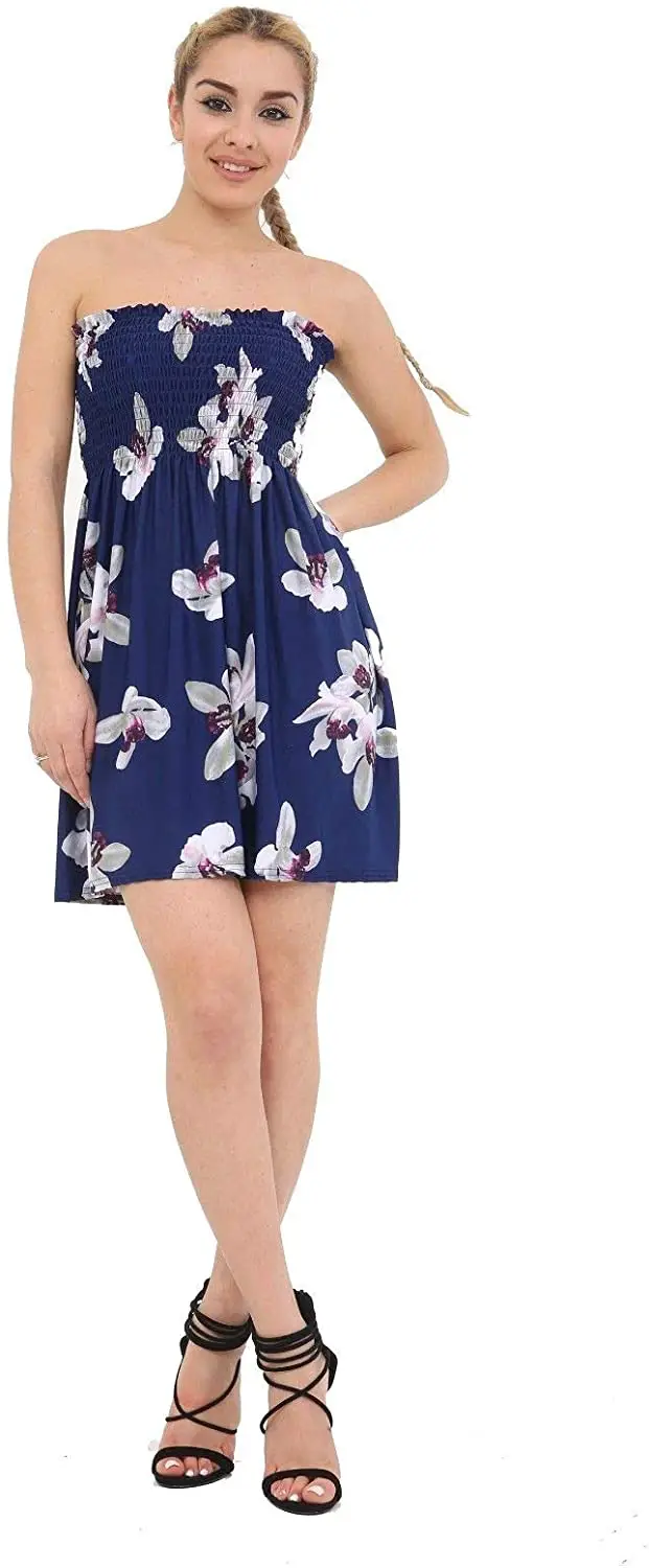 Candid Styles Womens Ladies Sheering Strapless Boobtube Bandeau Flared Swing Dress Tops