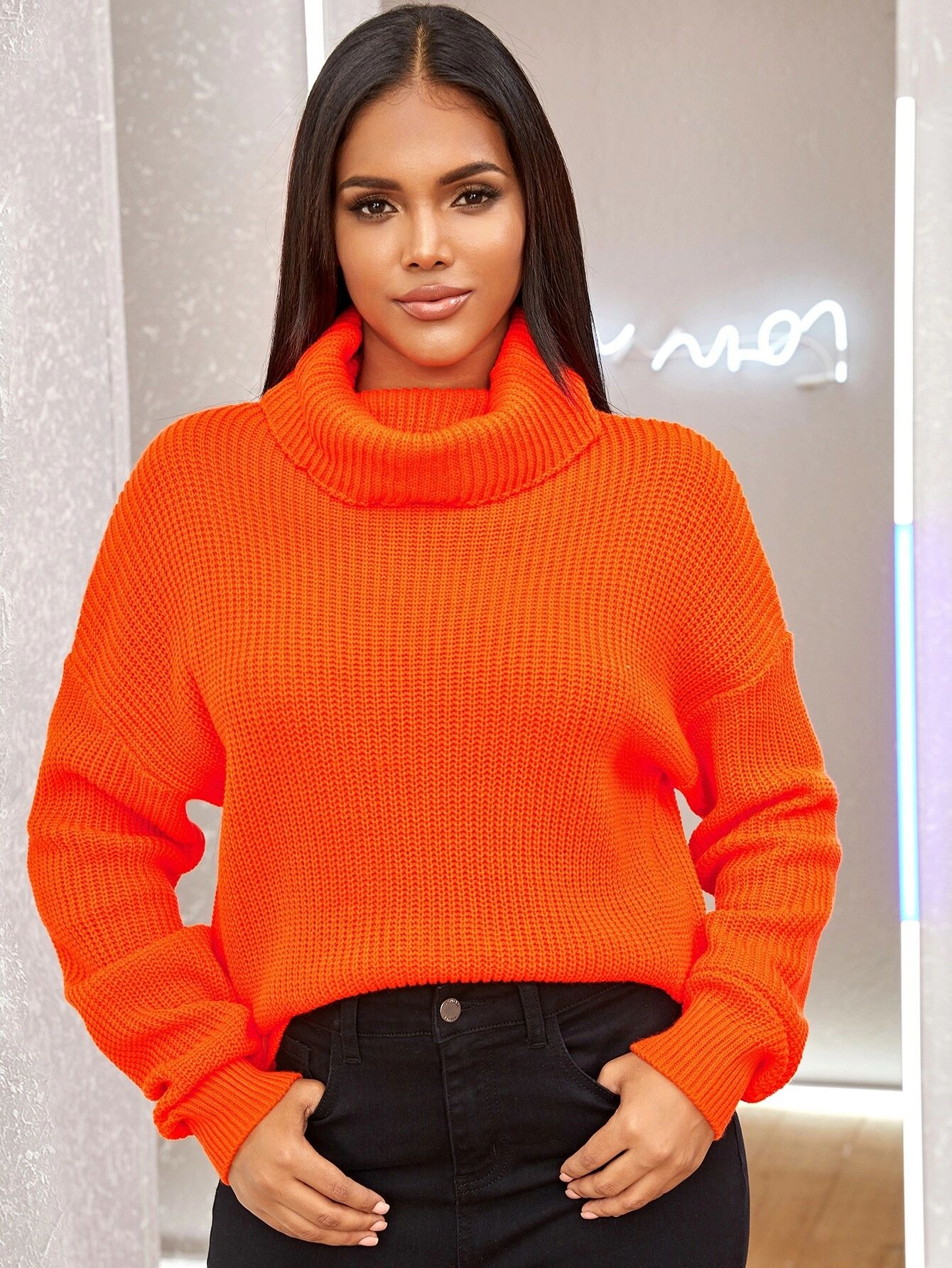 Neon Orange Turtleneck Drop Shoulder Jumper