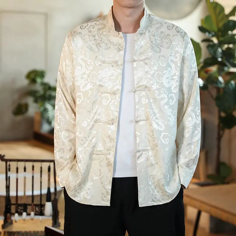 White Satin Mandarin Collar Silk Shirts For Men