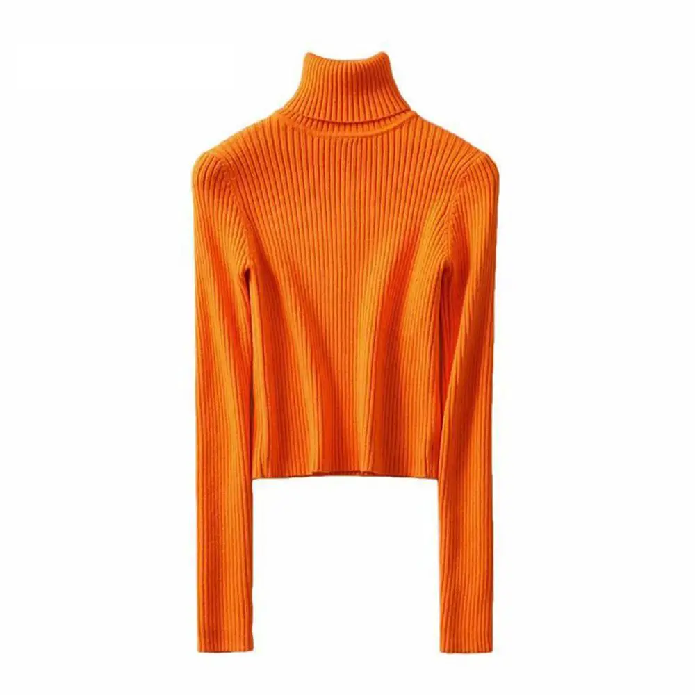 Women's Long Sleeve Turtleneck Cropped Sweater, Knitted Sweater, Neon Green Orange, Winter Clothing
