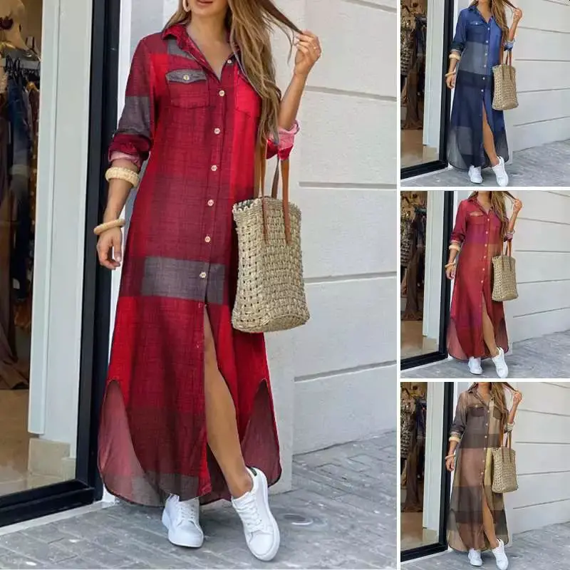 Women Button Long Shirt Dress