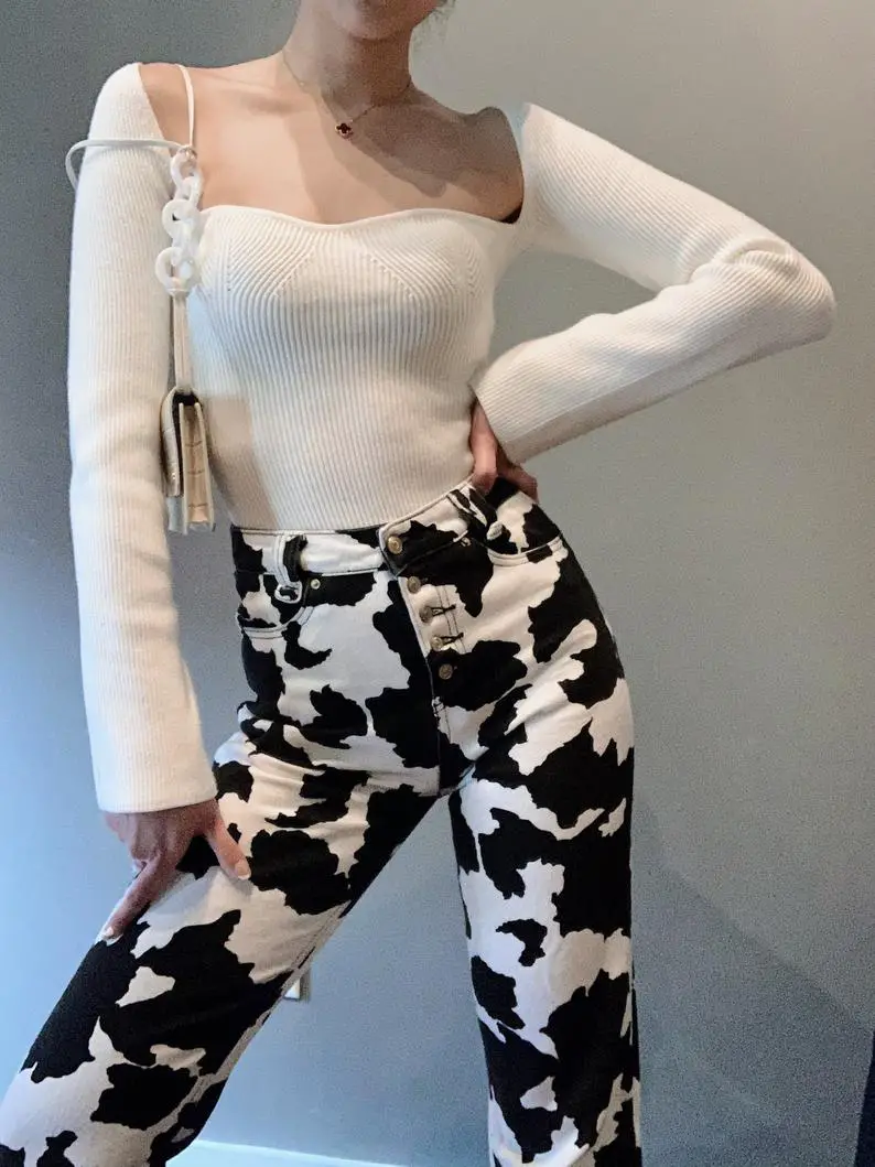 Cow Print High-Waist Jeans