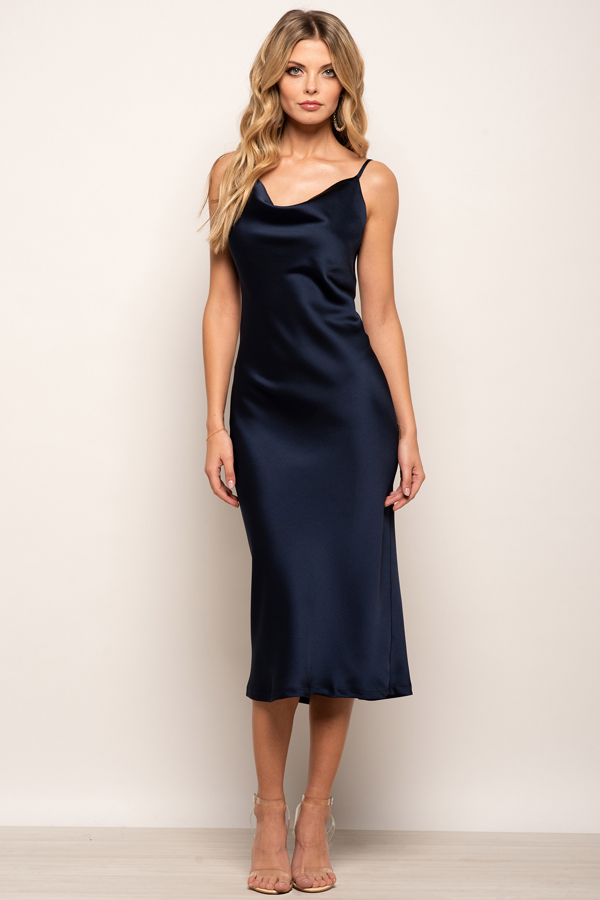 Cowl Neck Satin Slip Cami Midi Dress Navy