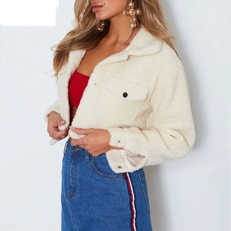 Cropped Teddy Jacket Women Front Pockets Thick Warm Coat Autumn Winter Soft Short Jackets