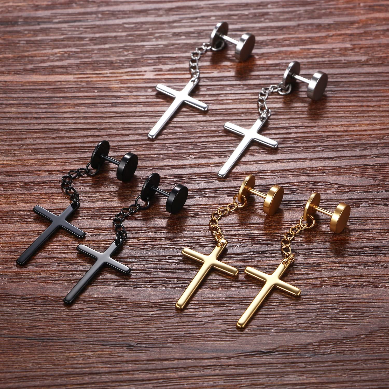 Cupimatch 3 Pairs Stud Earrings with Cross Dangle for Men