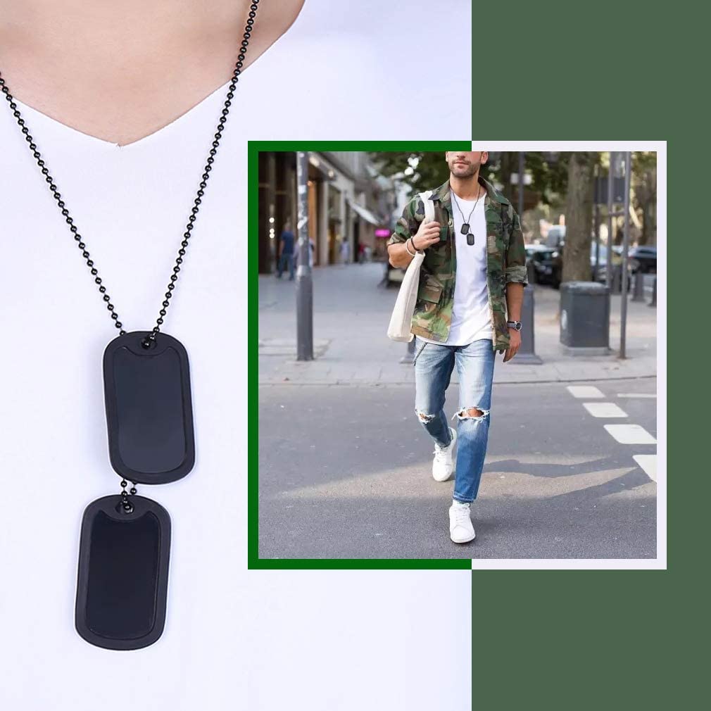 Custom4U Military Dog Tag Mens Black Necklace Men Hip Hop Stainless Steel Necklace Mens Dog Tag Pendant Charm Necklace Mens Accessories Waterproof Necklace