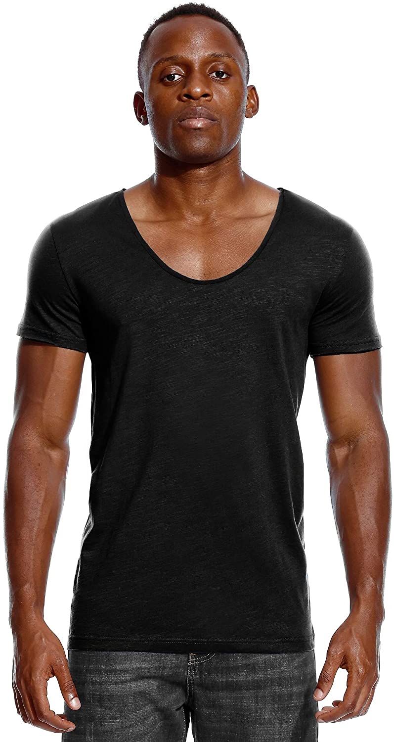 Deep V Neck T Shirt for Men Low Cut Scoop Tee Invisible Vee Top Cotton Short Sleeve Wide Neck