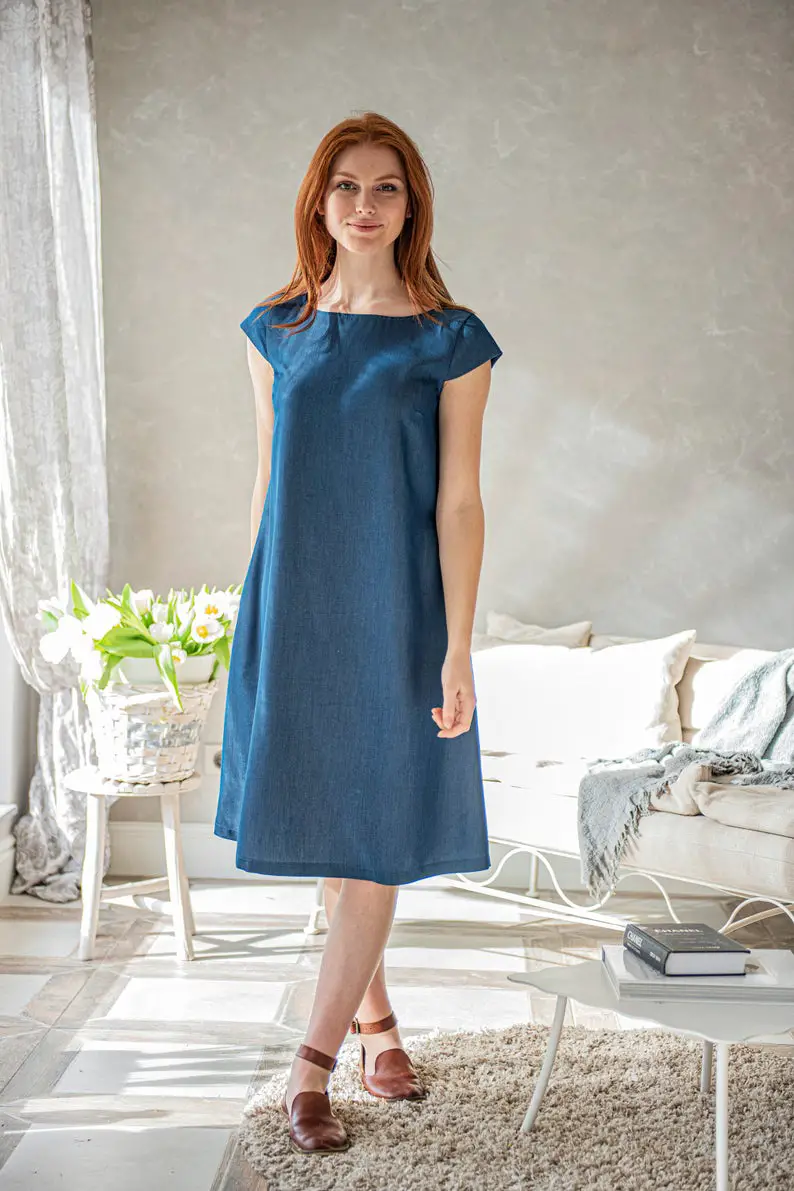 Denim Blue Dress, Midi Dress for Women
