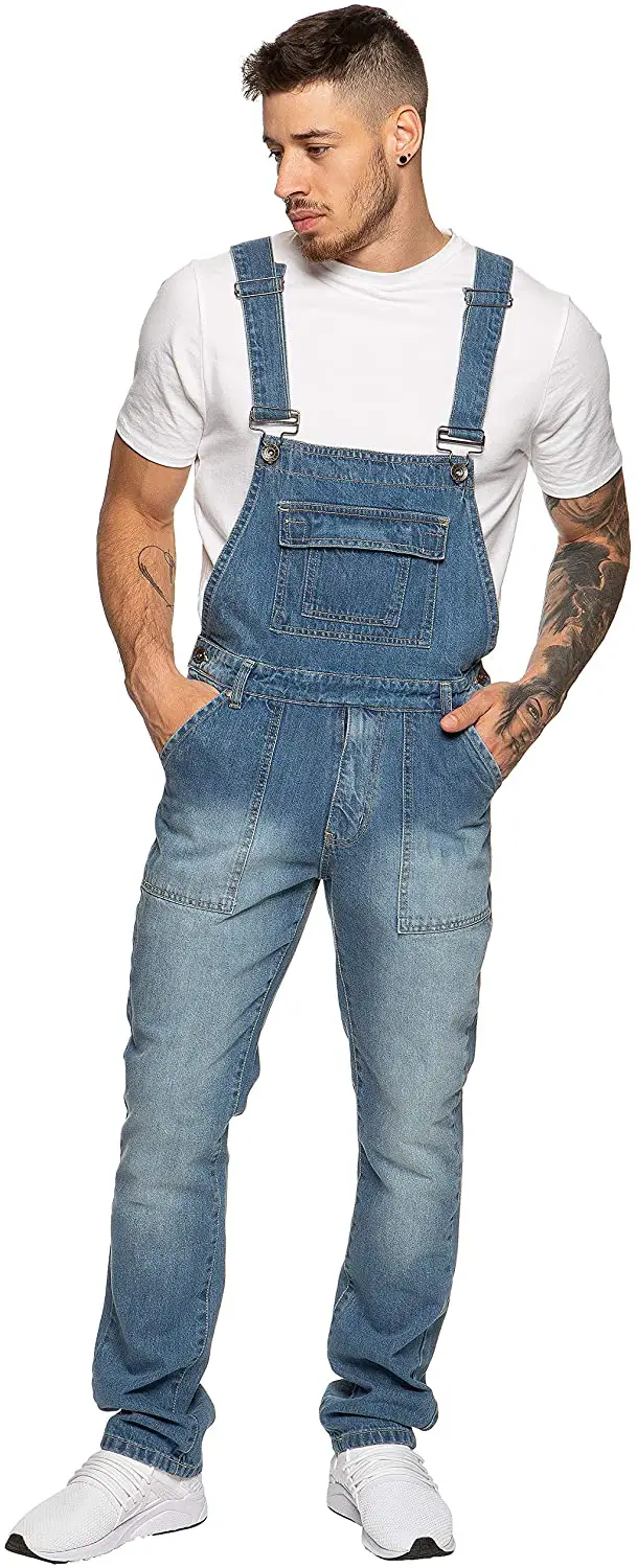 Enzo Jeans Mens Denim Blue Dungarees Stonewash Dungaree Overalls