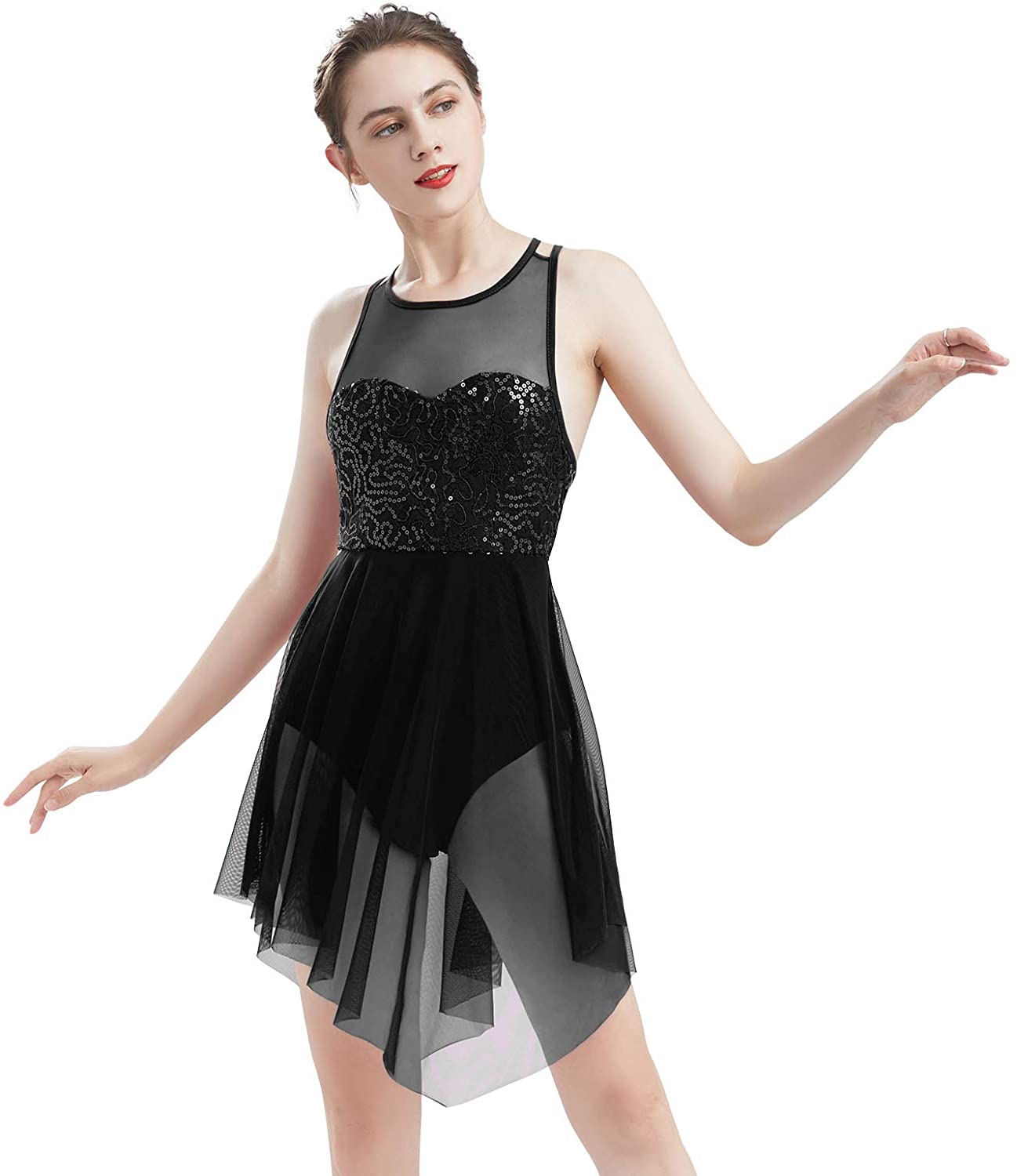 FYMNSI Women Lyrical Dance Dress Modern Contemporary Dancewear Costume Sequins Sleeveless Tank Bodysuit Backless Leotard Irregular Mesh Tulle Skirt Short Overlay Dress
