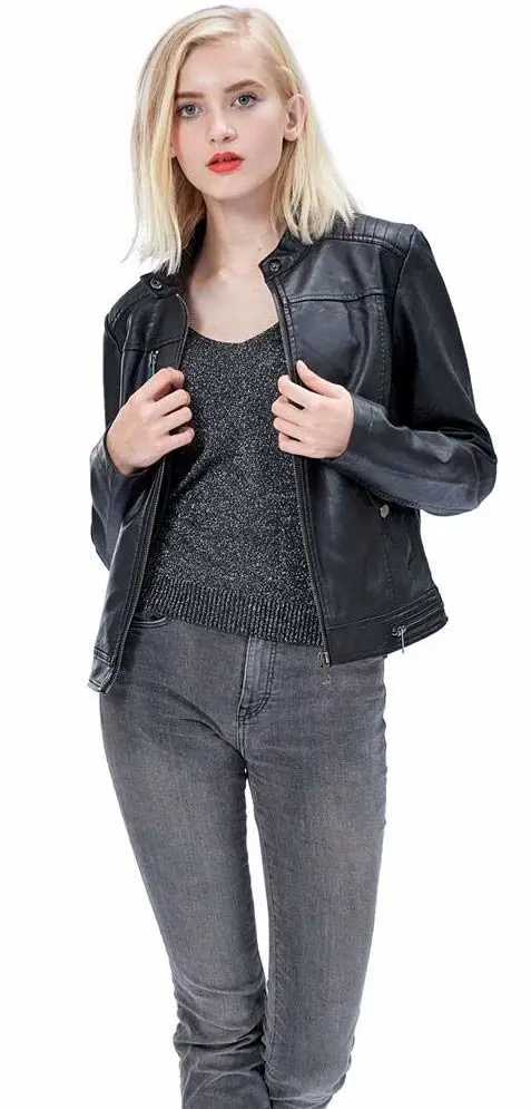 Fahsyee Women's Faux Leather Jackets, Zip Up Motorcycle Short PU Moto Biker Outwear Fitted Slim Coat