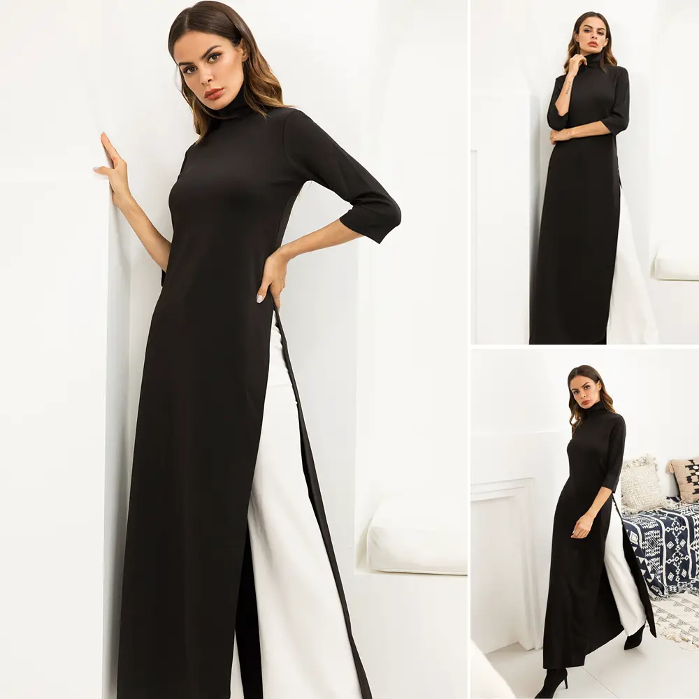 Fashion Women Dress Ao Dai Style Maxi Turtle Neck 3/4 Sleeve Elegant Slit Casual