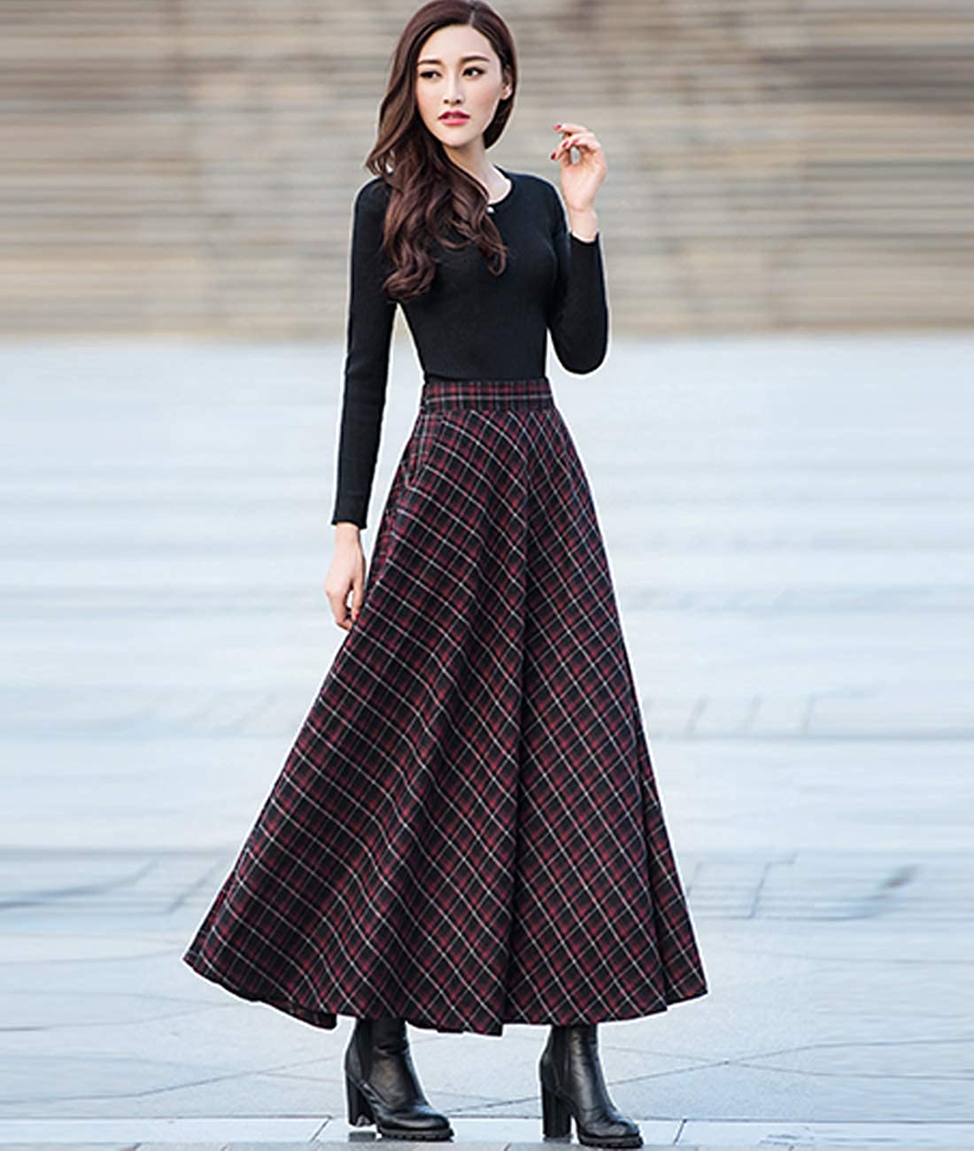 Femirah Women's High Waist A-line Flared Skater Long Skirt Woolen Pleated Skirt